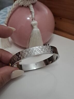 Fashion Jewelry Silver-Tone Bangle Bracelet with Engraved Monogram Motif